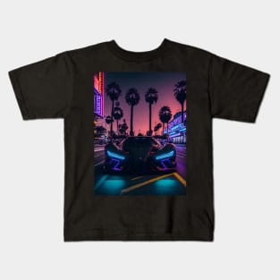 Dark Neon Sports Car in Beach Neon City Kids T-Shirt